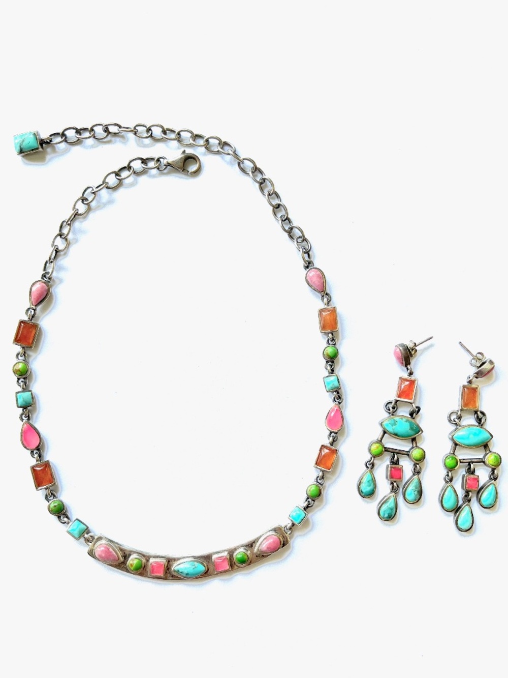 VINTAGE USA BARSE 925 Sterling Silver TURQUOISE & GEMSTONE Necklace Earrings Set